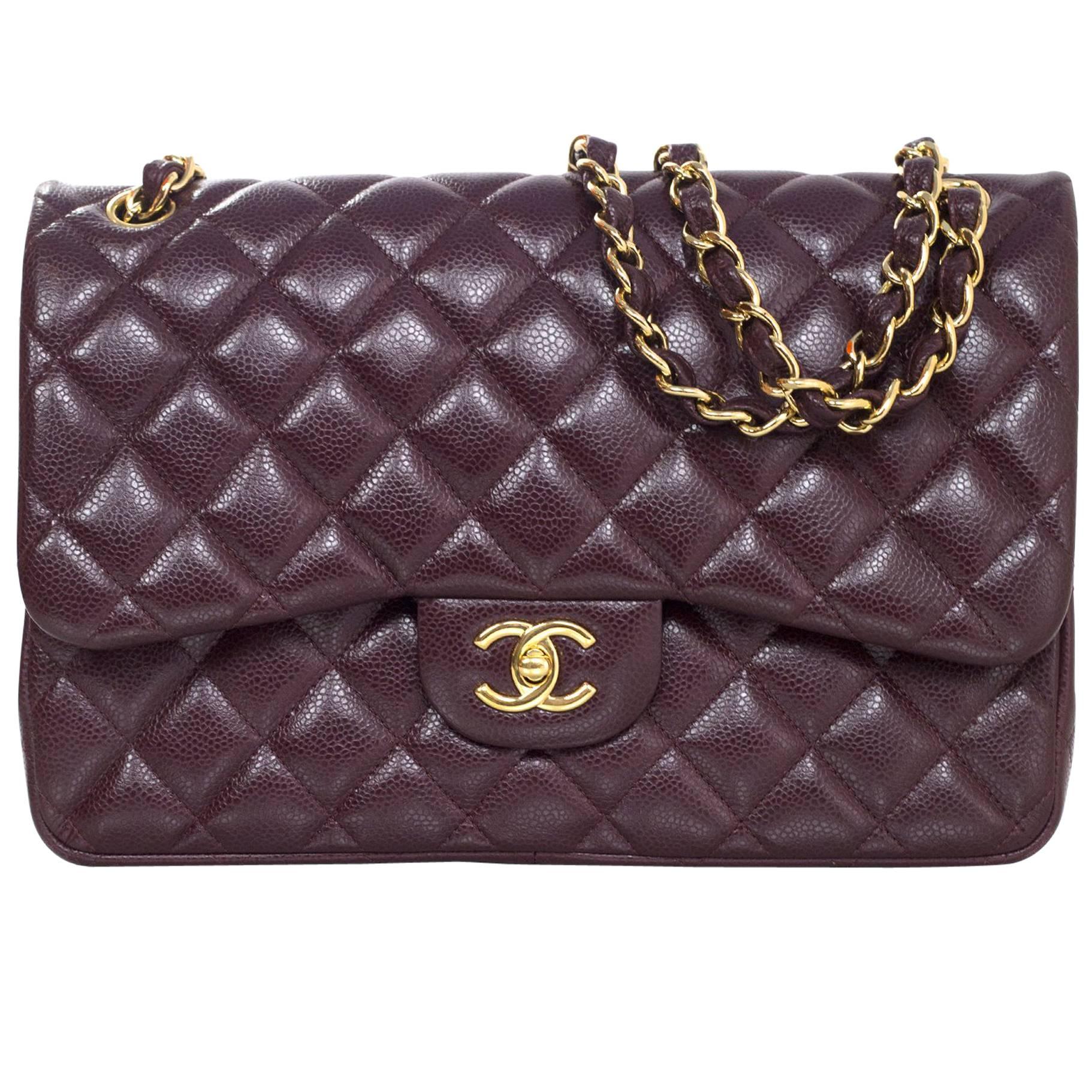 Chanel Eggplant Quilted Caviar Jumbo Double Flap Bag with DB