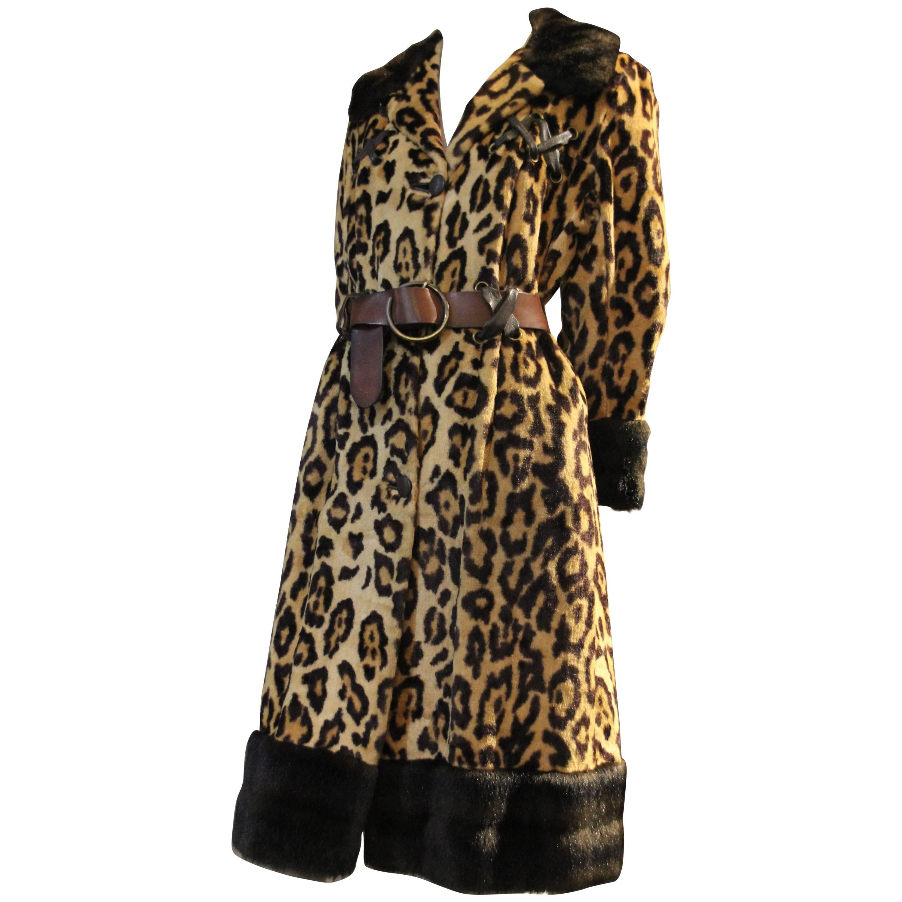 1960s English Carnaby St. Mod Faux-Leopard Fur Coat w Faux Fur Trim 