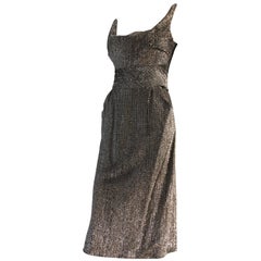 1950s Black and Silver Lurex Cocktail Dress with Back Buckle at Waist