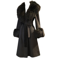 Retro 1960s Lilli Ann French Wool Belted Coat w Extravagant Sheepskin Collar and Cuffs