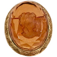 Vintage Gold & Citrine Carved Glass Cameo Brooch