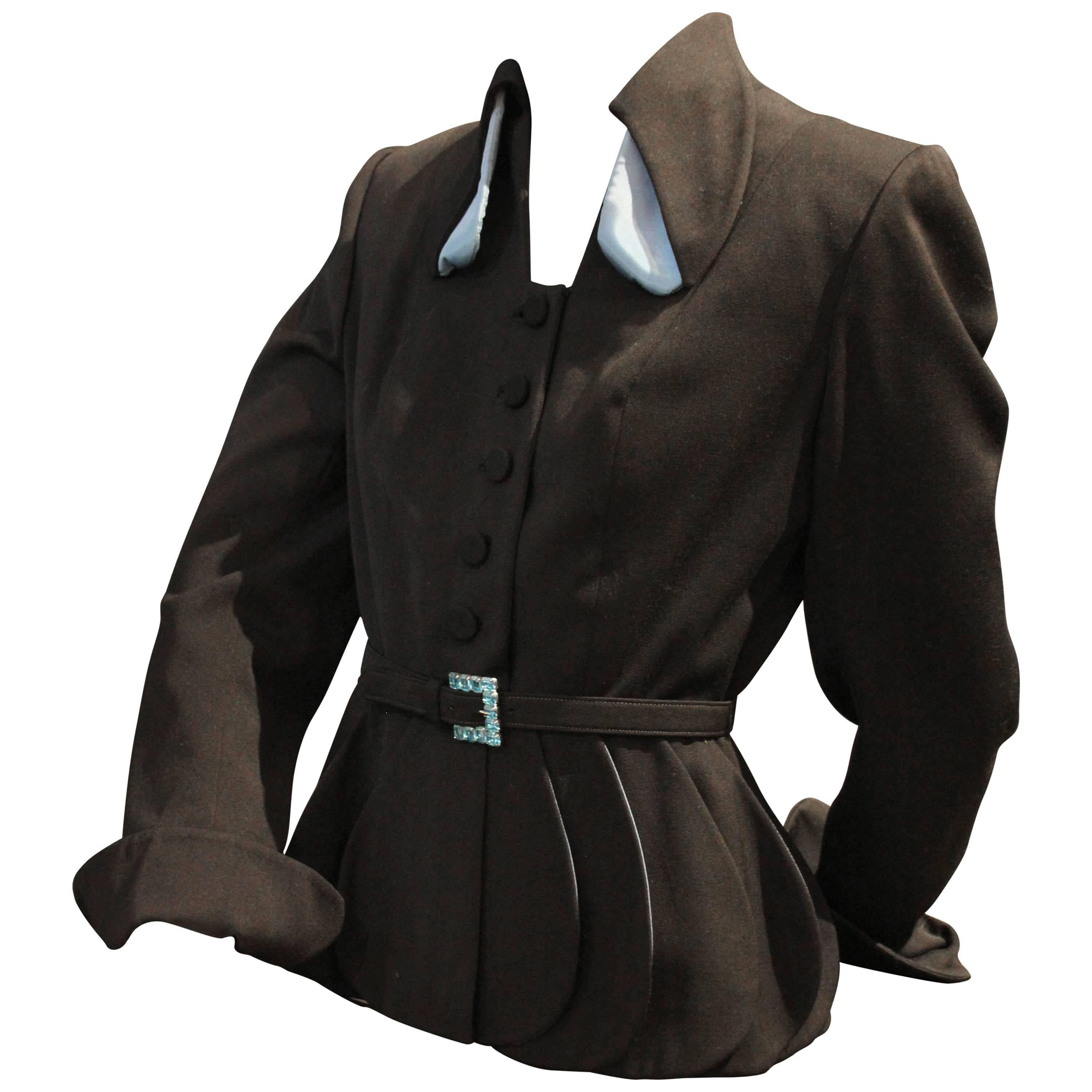 1950s Lilli Ann Black Gabardine Jacket w Blue Lined "Petal Peplum" 