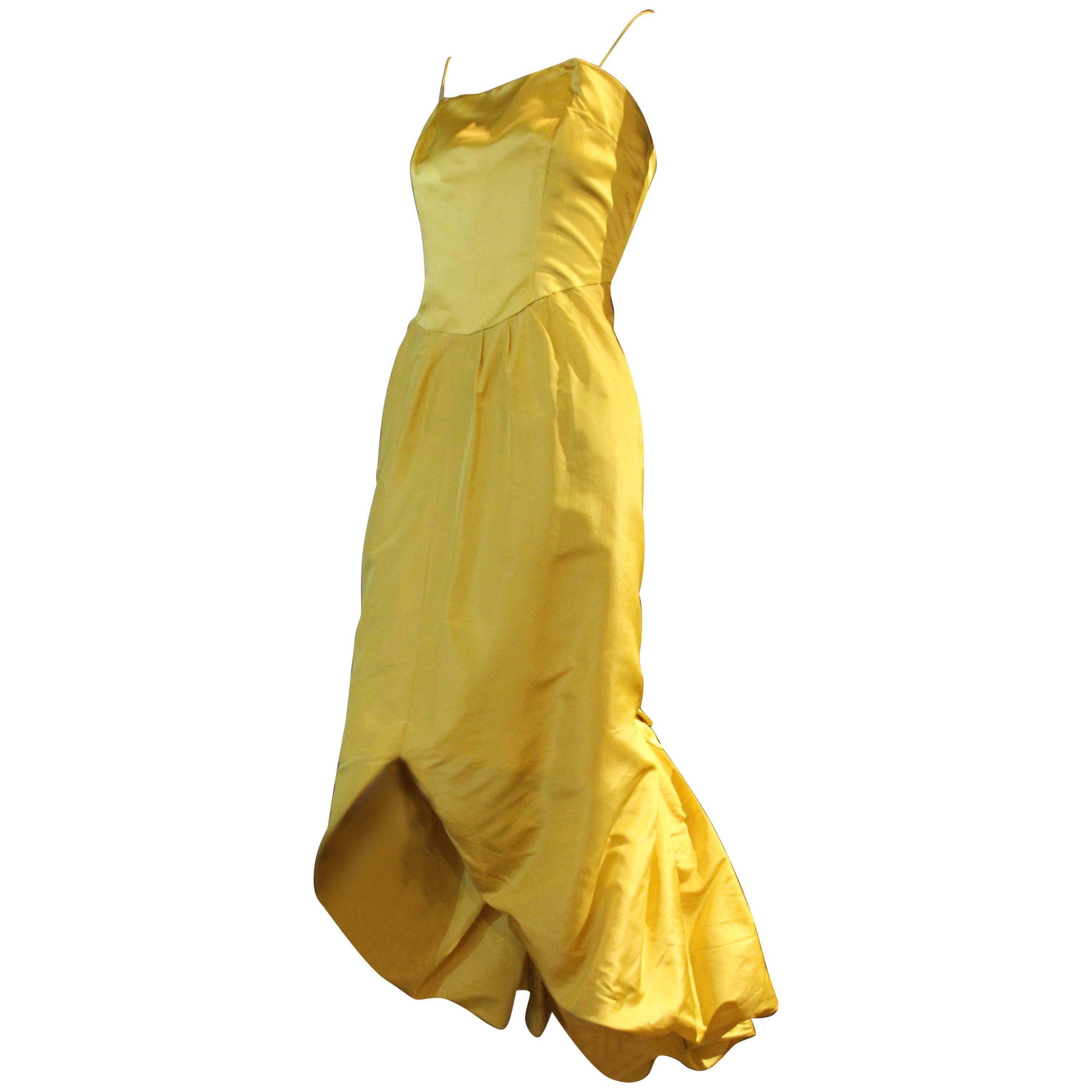 Late 1950s Philip Hulitar Canary Yellow Pouf Fishtail Cocktail Dress