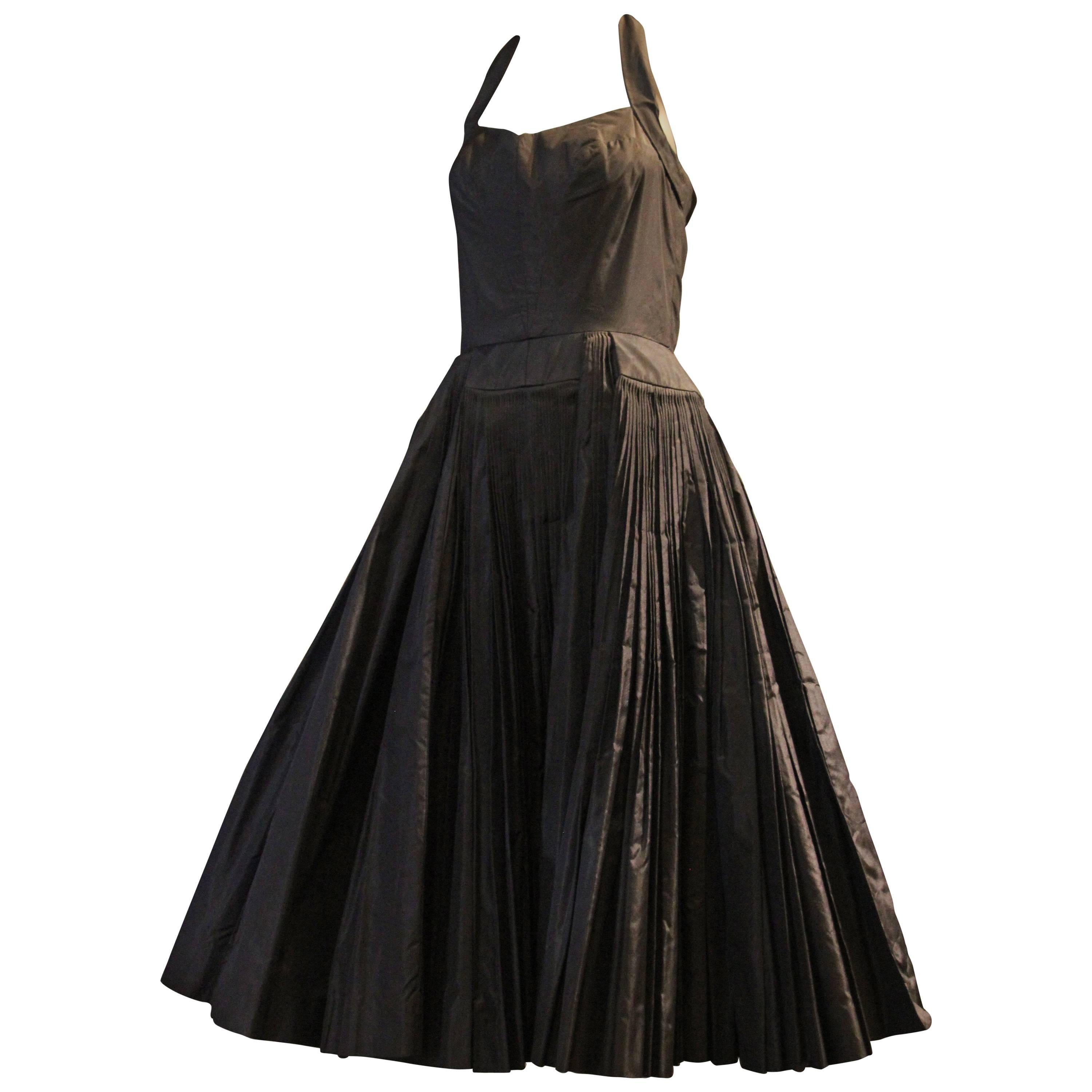 1950s James Galanos Couture Knife Pleated Silk Taffeta Halter Cocktail Dress