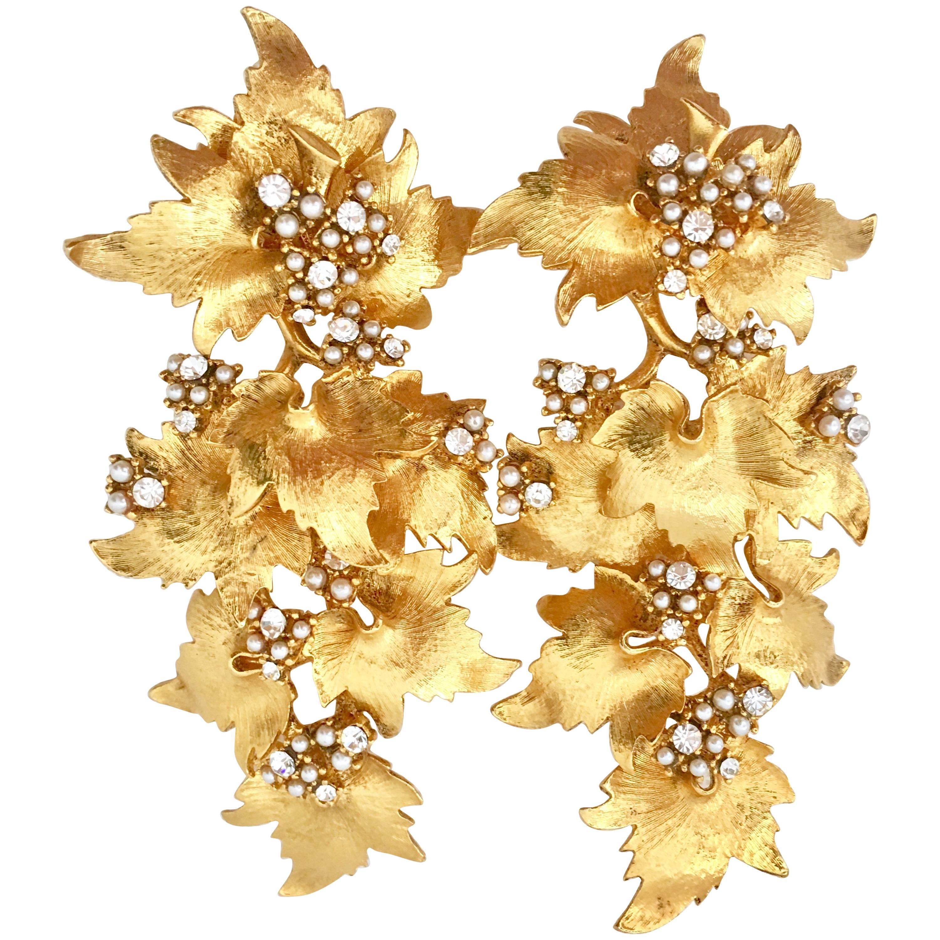 Stanley Hagler Style Gold Seed Pearl & Crystal Rhinestone 4" Leaf Drop Earrings