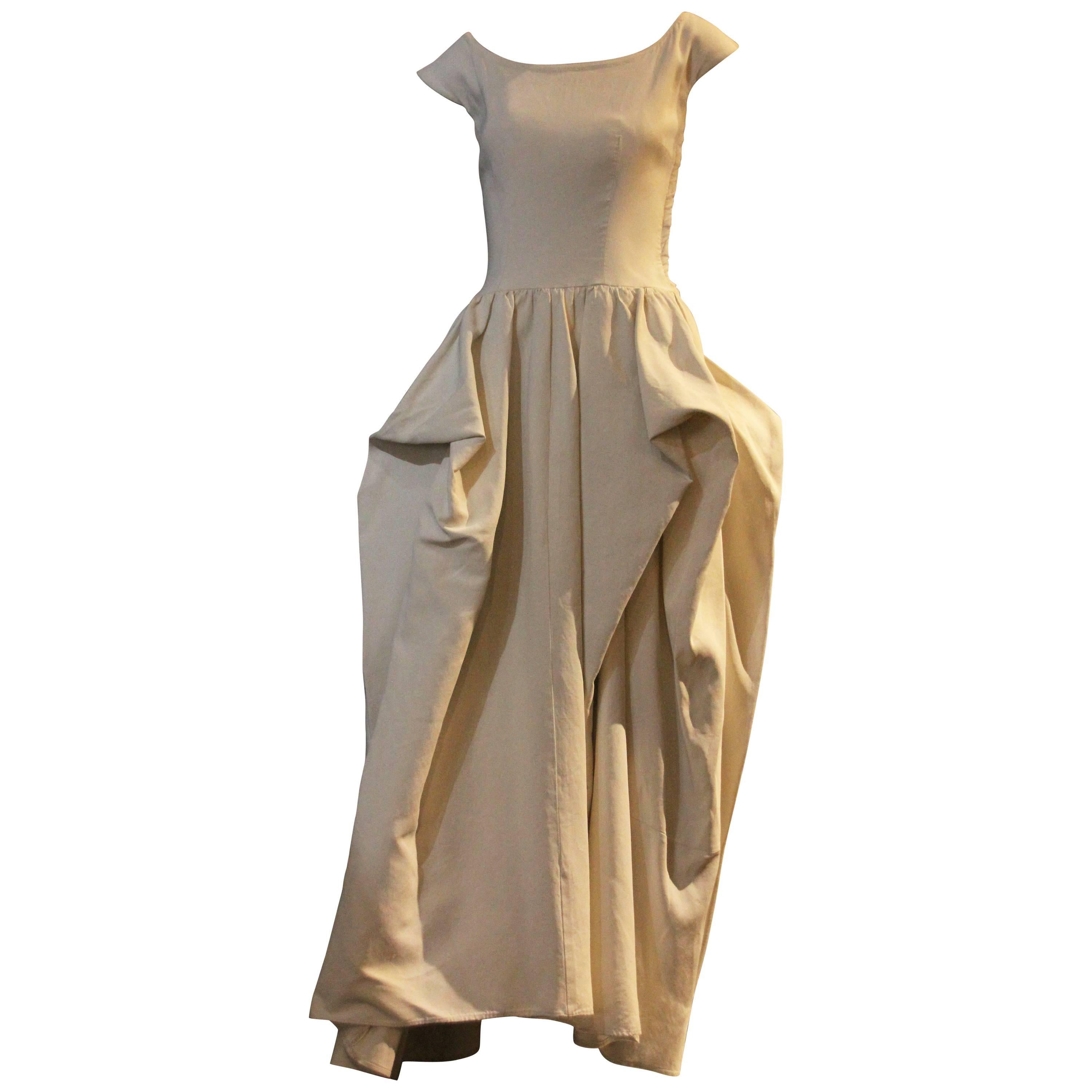 Late 1940s Ceil Chapman Ivory Rayon Faille Ball Gown w Gathered Pouf Hips
