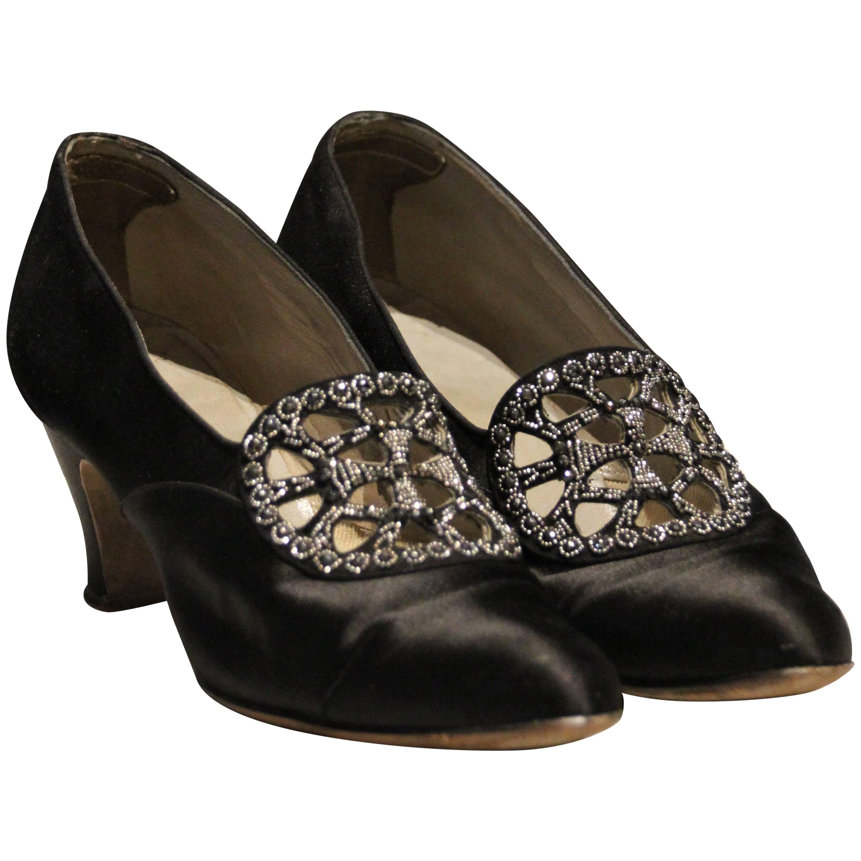 1920s Art Deco Black Silk Evening Pumps w Beautiful Marcasite Beading at Throat  For Sale