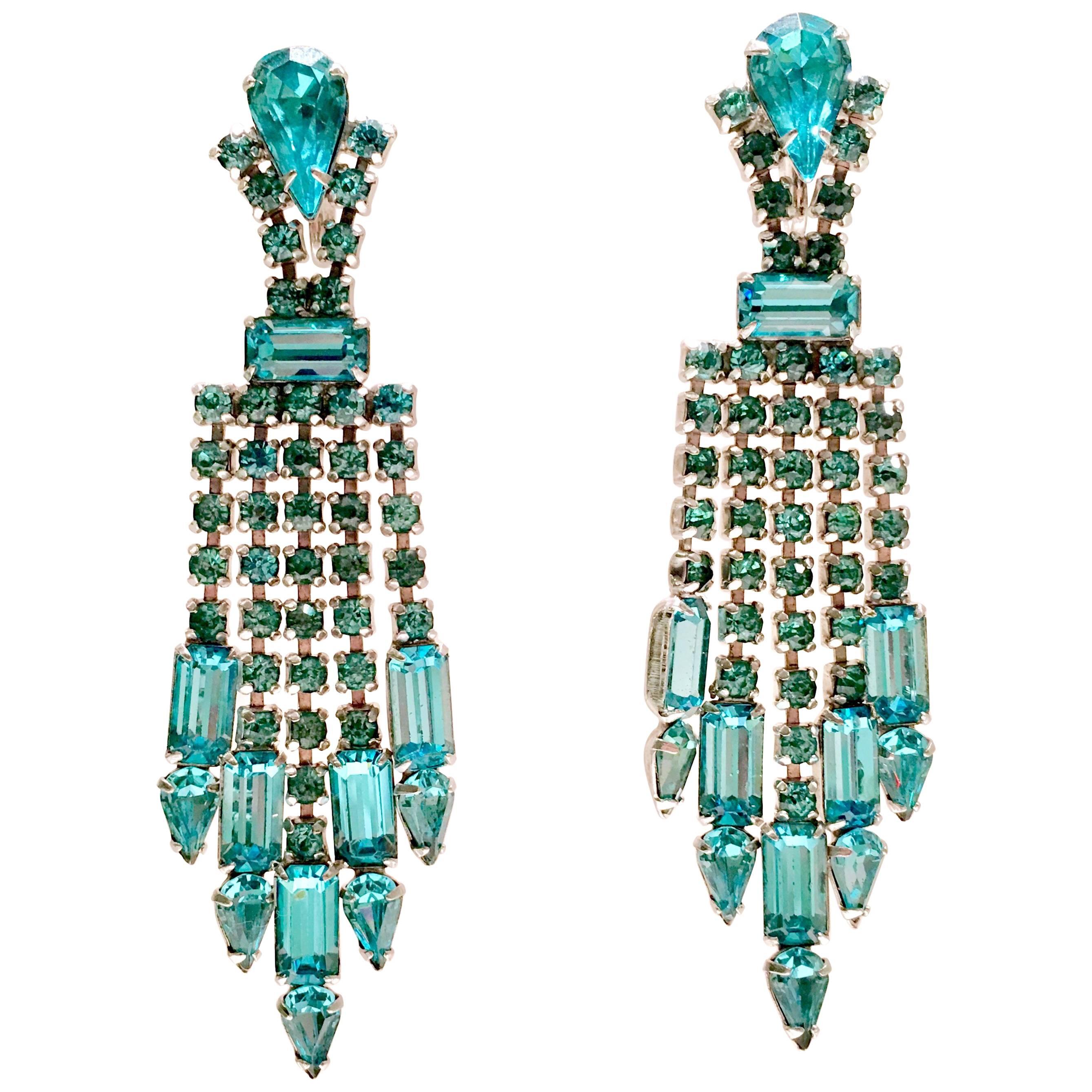 60'S Pair Of Blue Sapphire Crystal Rhinestone Chandelier Earrings