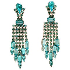Vintage 60'S Pair Of Blue Sapphire Crystal Rhinestone Chandelier Earrings