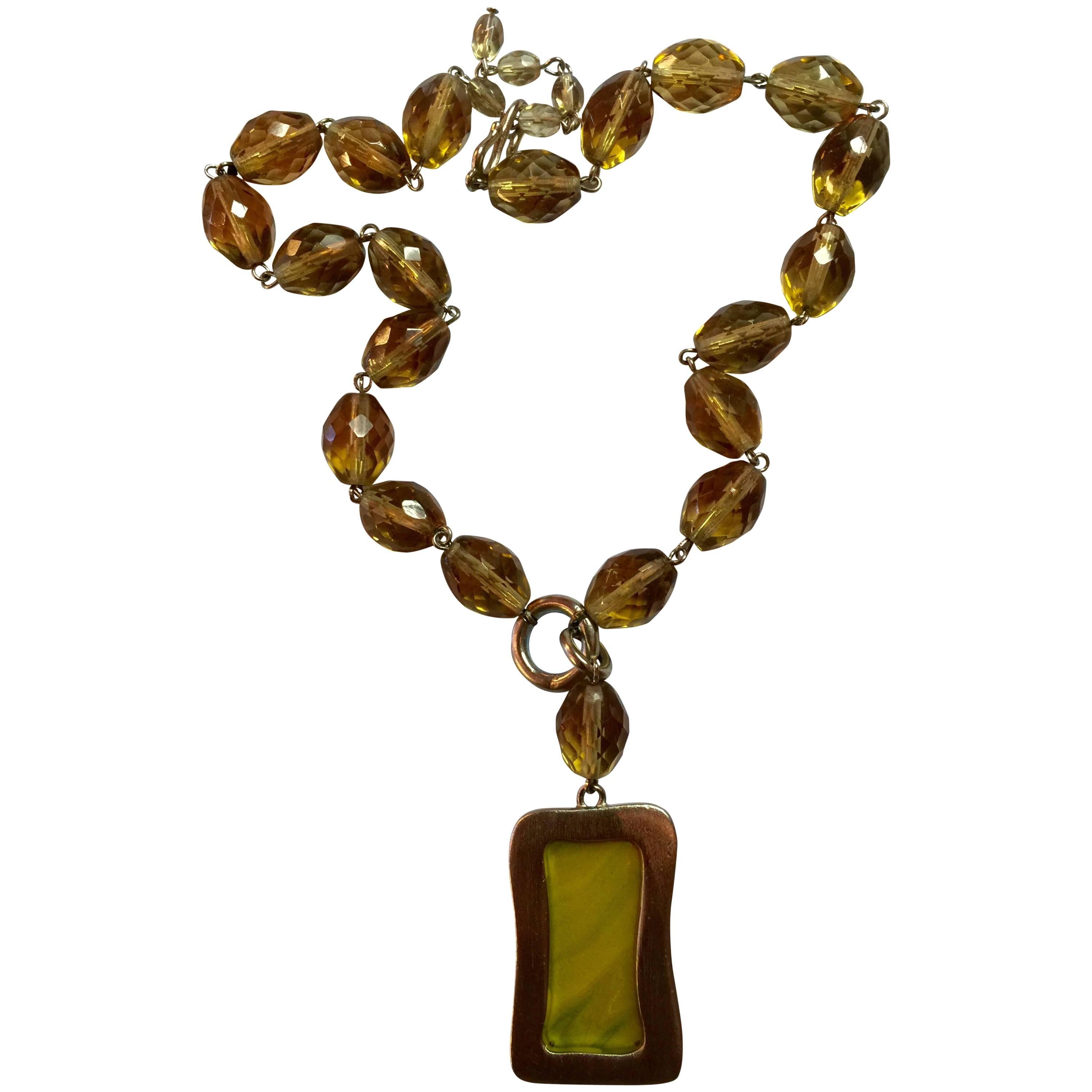 Givenchy Faceted Amber Bead Necklace with Poured Glass Rectangle Pendant For Sale