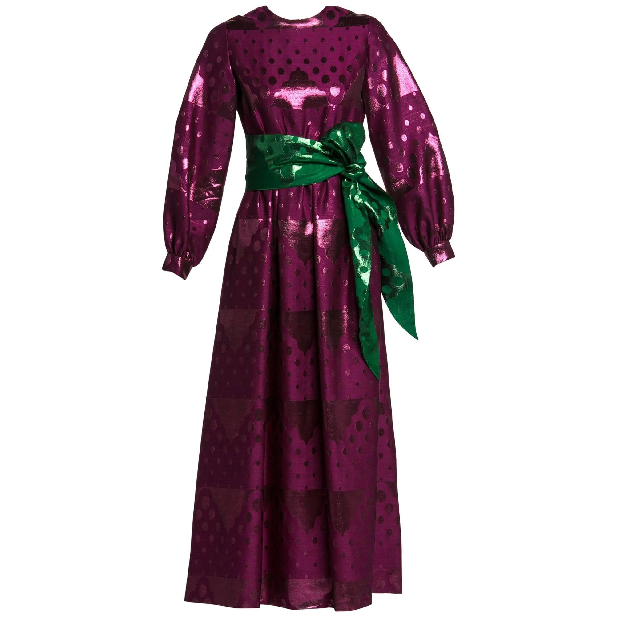 1960s Oscar de la Renta Silk Brocade Purple Emerald Metallic Belt Maxi Dress