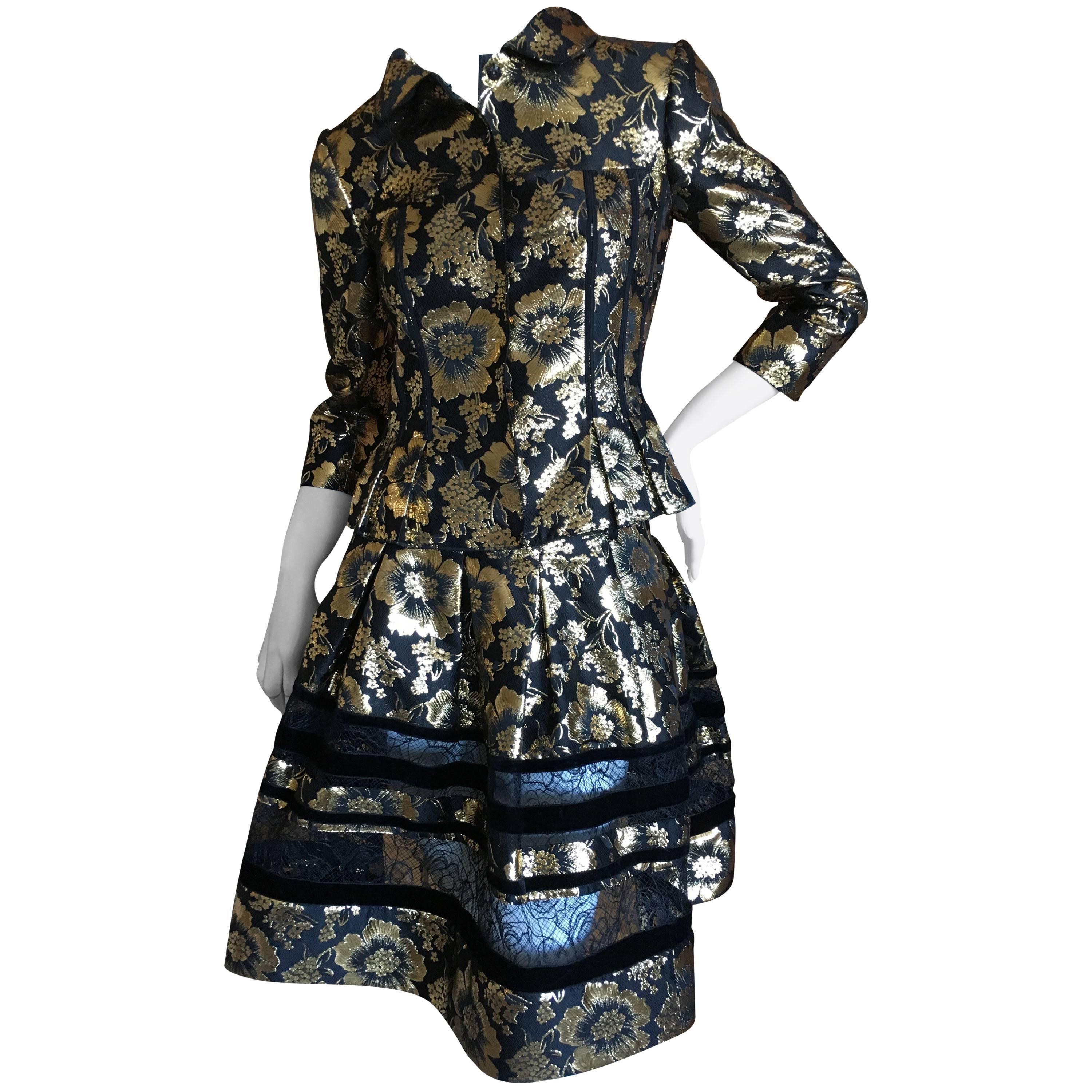 Oscar de la Renta Gold and Black Floral Jacquard Skirt Suit For Sale