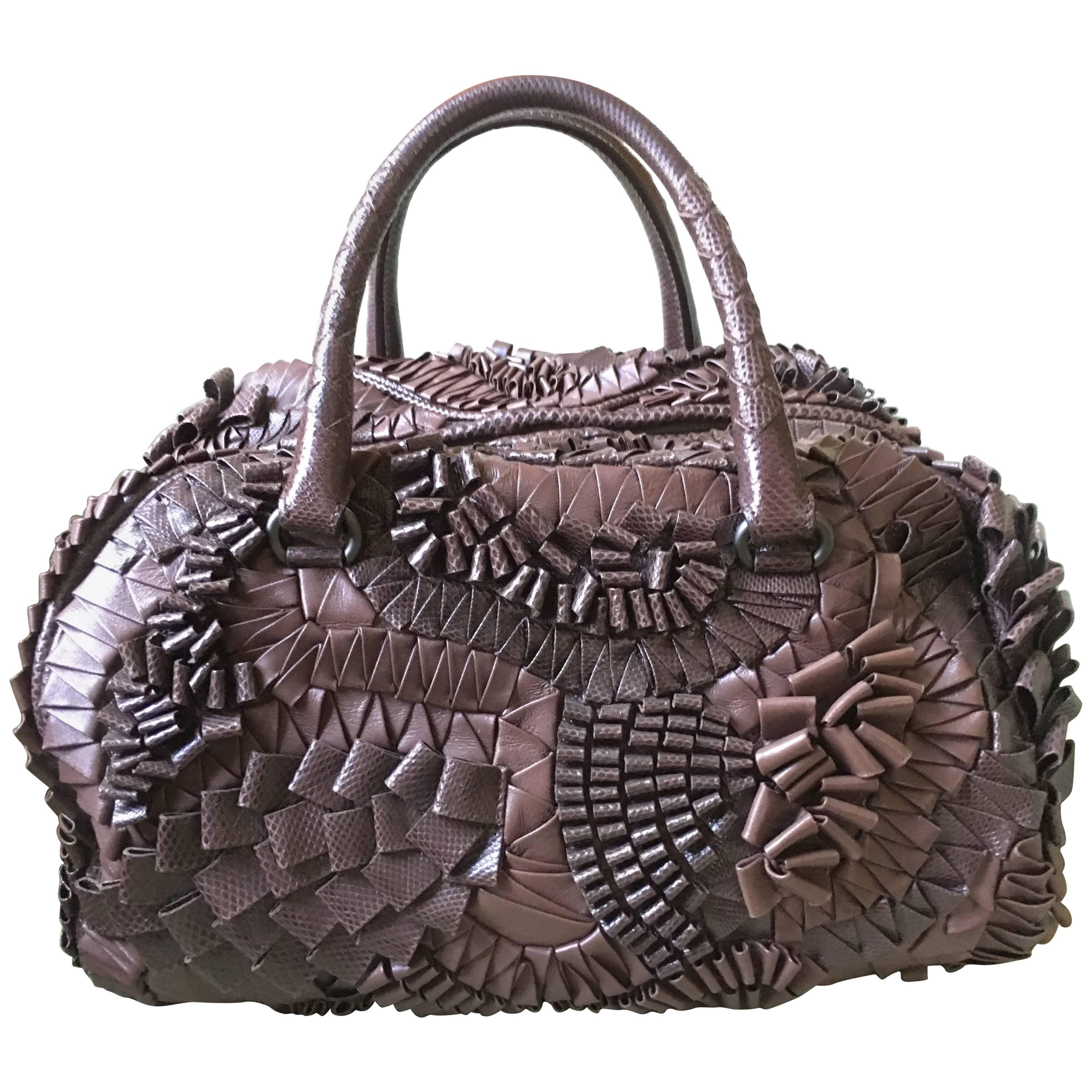 Bottega Veneta Rare Limited Edition Aubergine Woven Leather and Lizard Bag For Sale