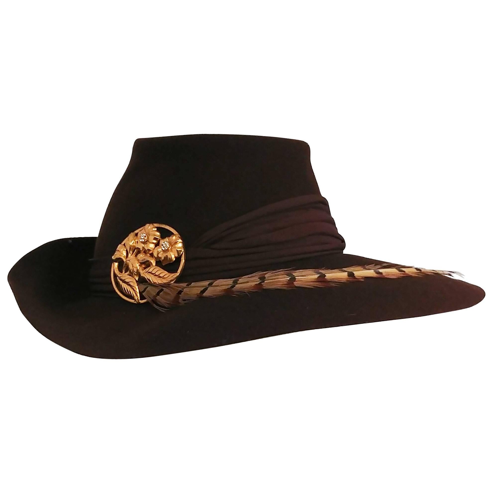 1940s Brown Large Brimmed Hat w/ Pheasant Feather