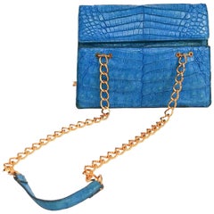 Vintage 1960s Lucille de Paris Turquoise Aqua Long Chain Crocodile Purse