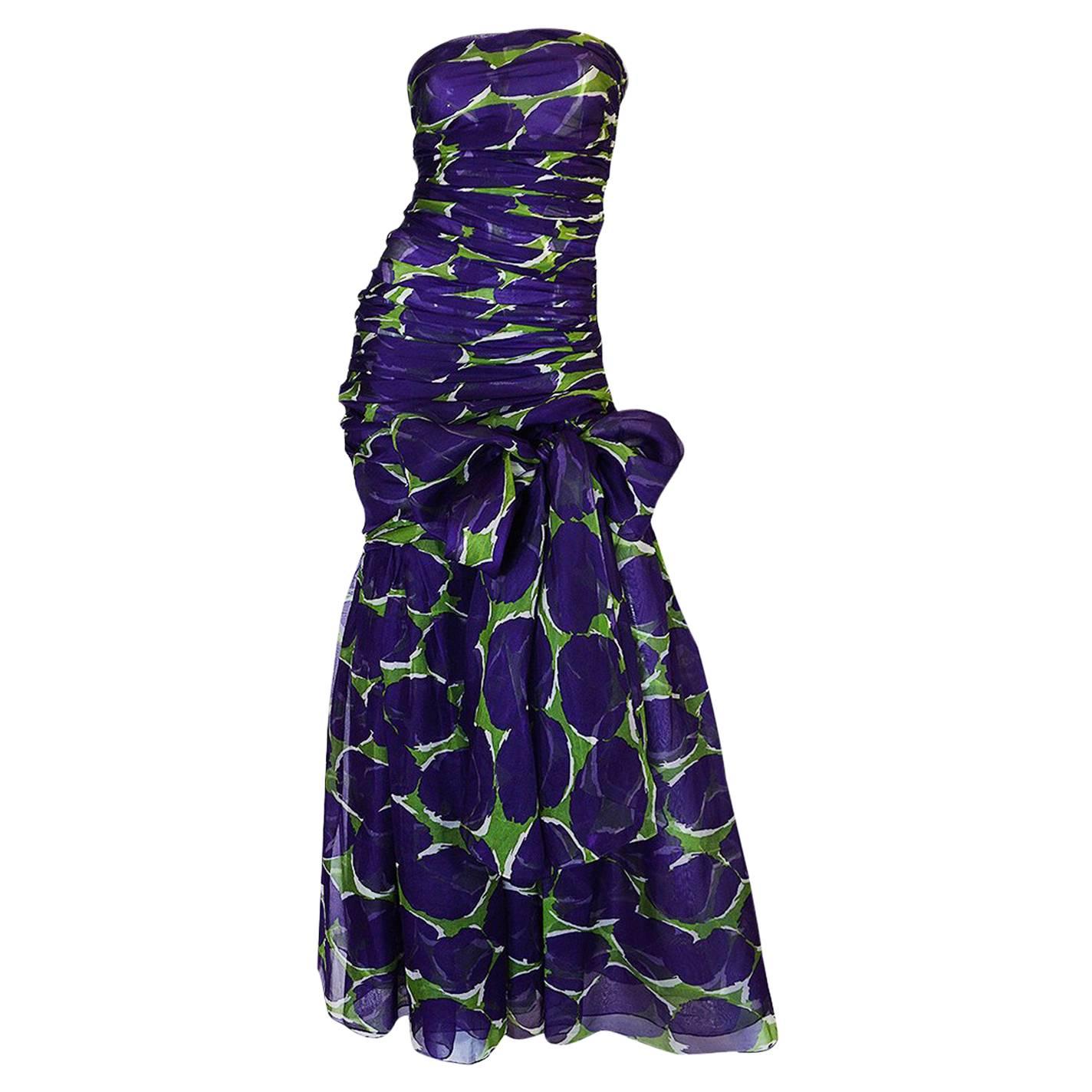 c1985 Yves Saint Laurent Purple & Green Silk Voile Strapless Dress