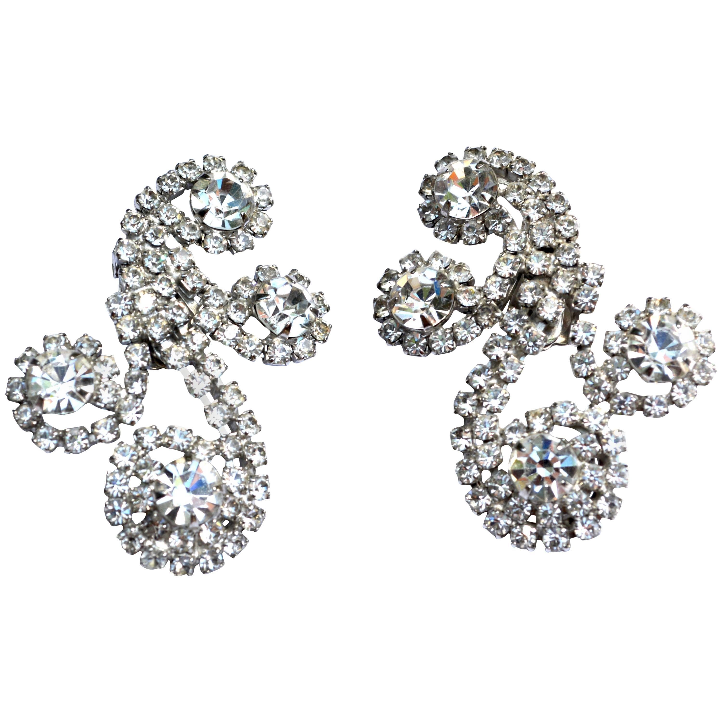 Oversized 50s Rhinestone Swirl Earrings For Sale