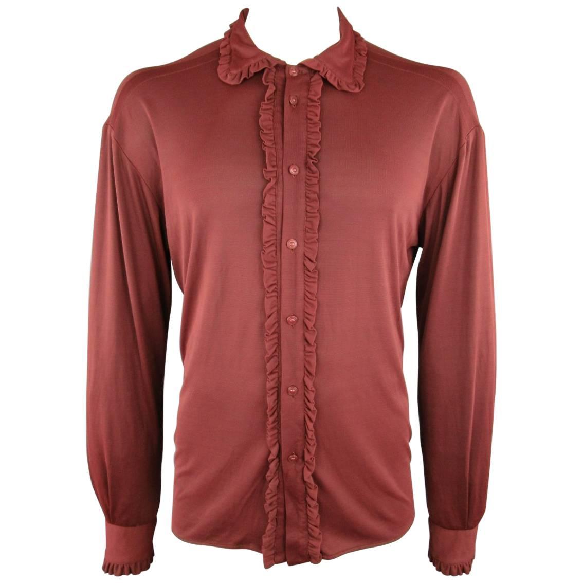 VERSUS by GIANNI VERSACE Size L Maroon Polimide Ruffle Trim Long Sleeve Shirt
