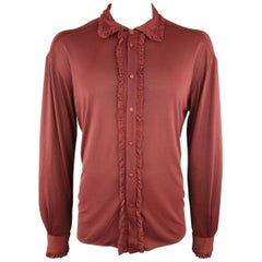 VERSUS by GIANNI VERSACE Size L Maroon Polimide Ruffle Trim Long Sleeve Shirt