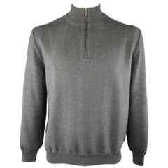 Men's ERMENEGILDO ZEGNA Size XL Dark Gray Herringbone Wool Half Zip Pullover