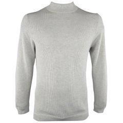 Men's BRUNELLO CUCINELLI L Light Grey Ribbed Knit Tan Trim Mock Neck Pullover