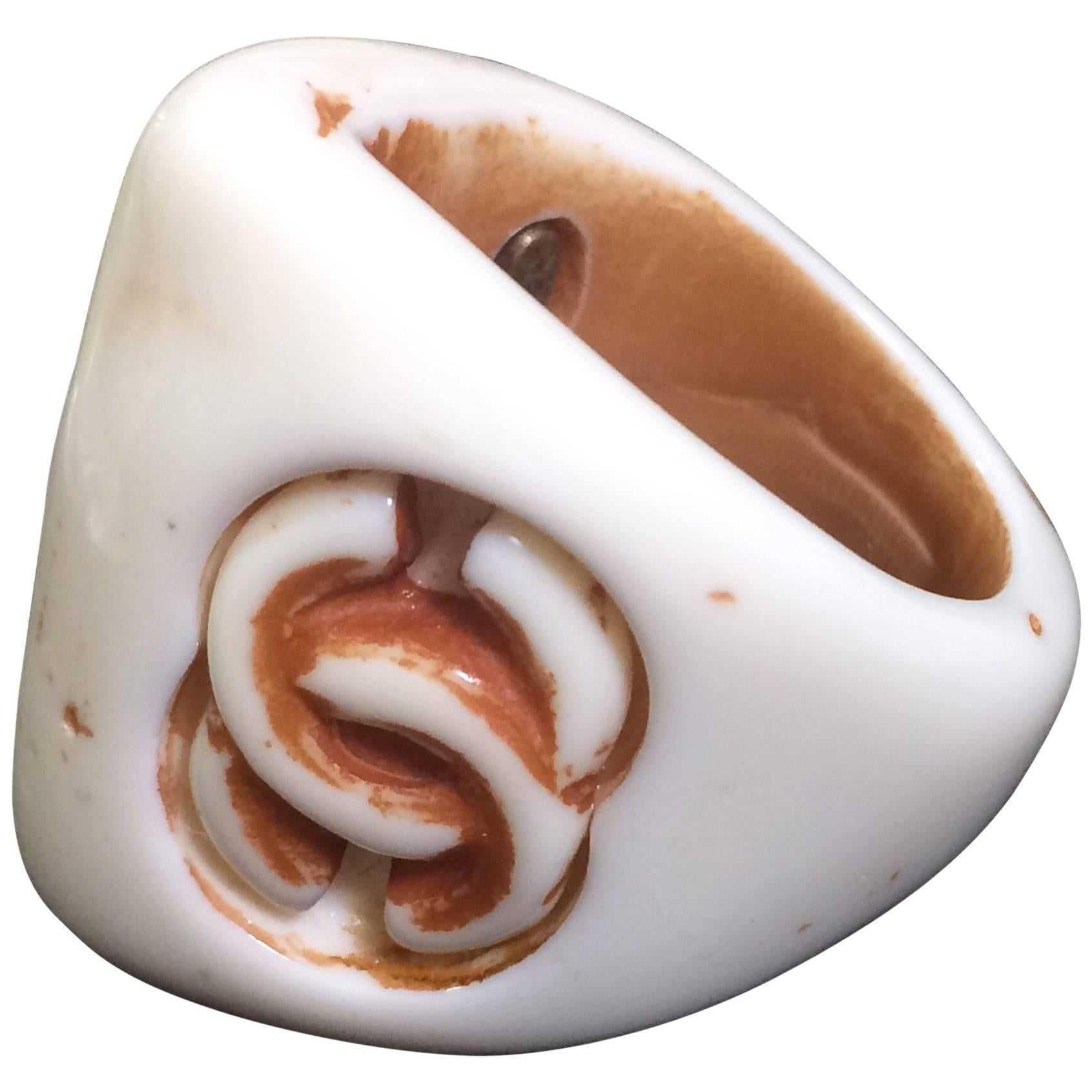 Vintage CHANEL ivory bone, stone design thick plastic ring with engraved CC mark For Sale