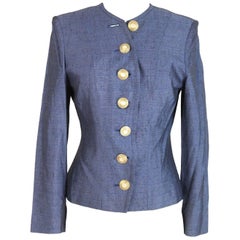Yves Saint Laurent blue blazer jacket size 40 it silk gold button 1980s made ita