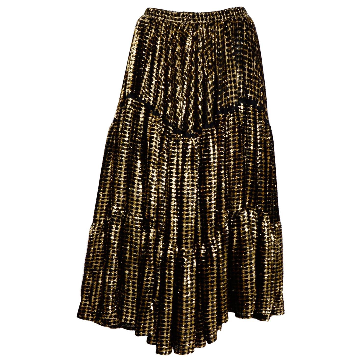 Yves Saint Laurent 1970's Burned Silk Velvet Black and Gold Circle Skirt