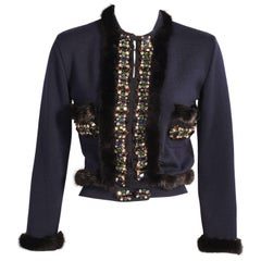 Gianfranco Ferre Jewel Trimmed Ranch Mink Edged Navy Blue Cardigan Sweater
