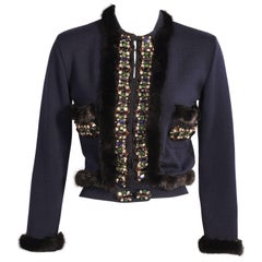 Gianfranco Ferre Jewel Trimmed Ranch Mink Edged Navy Blue Cardigan Sweater 