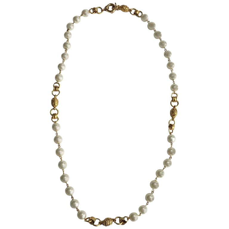Vintage CHANEL Necklace in Molten Glass Pearls, Gilded Metal Charms For ...