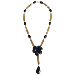 Vintage CHANEL Necklace Chain in Gilded Metal, Camellia and Beads in Black Molten Glasss