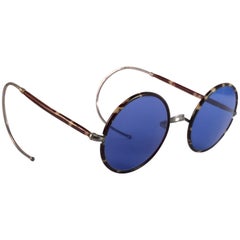 Seltene Vintage Schildkröte Runde Brille blaue Gläser 1940er Sonnenbrille