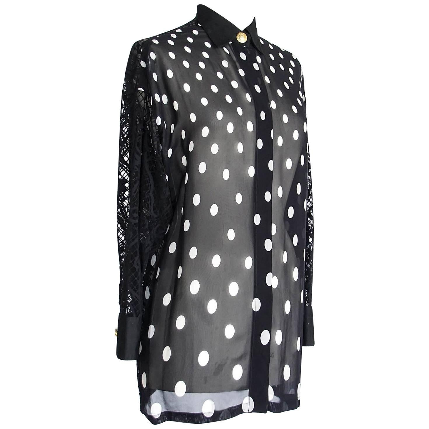 Gianni Versace Couture Top Black and White Polka Dot Lace Back  38 / 4