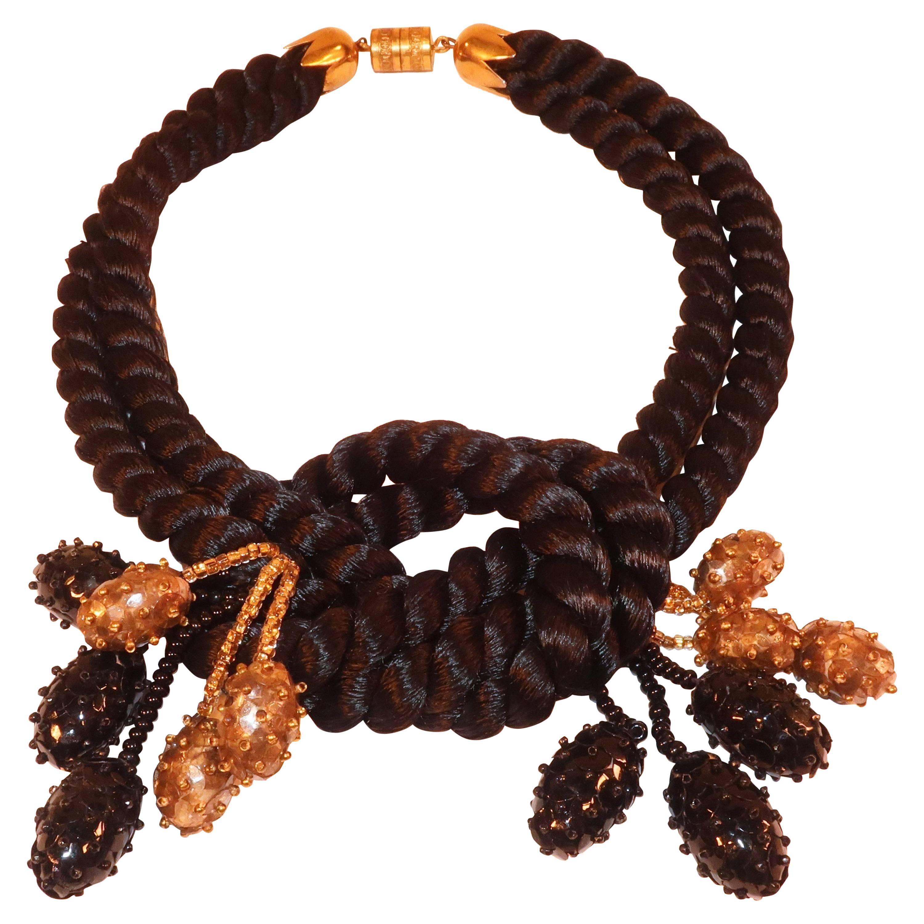 1980's Black Silk Cord Choker Necklace With Dangling Beads