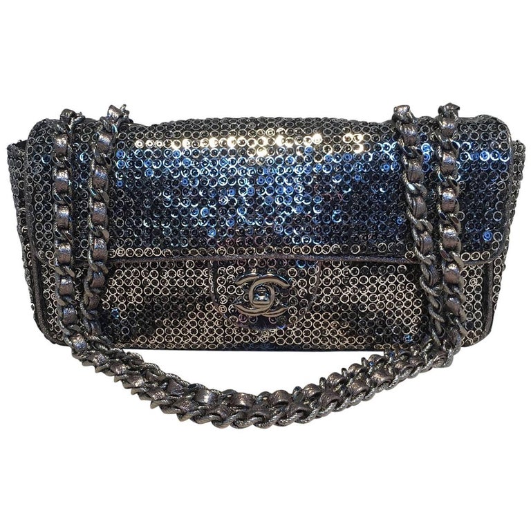 Chanel Silver Paillette Sequin Classic Flap Shoulder Bag For Sale