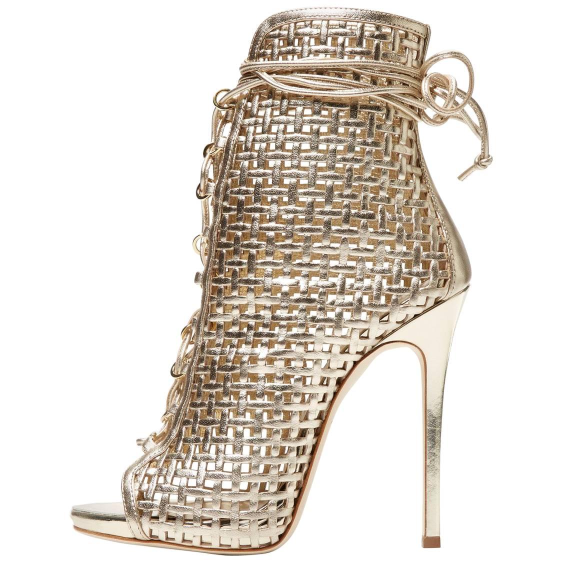 Giuseppe Zanotti New Gold Basketweave Ankle Booties Boots W/Box