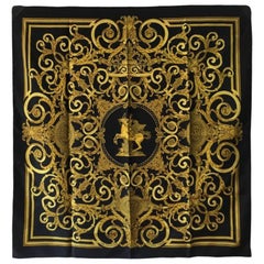 Hermes Vintage Black and Gold Les Tuileries Silk Scarf c1990