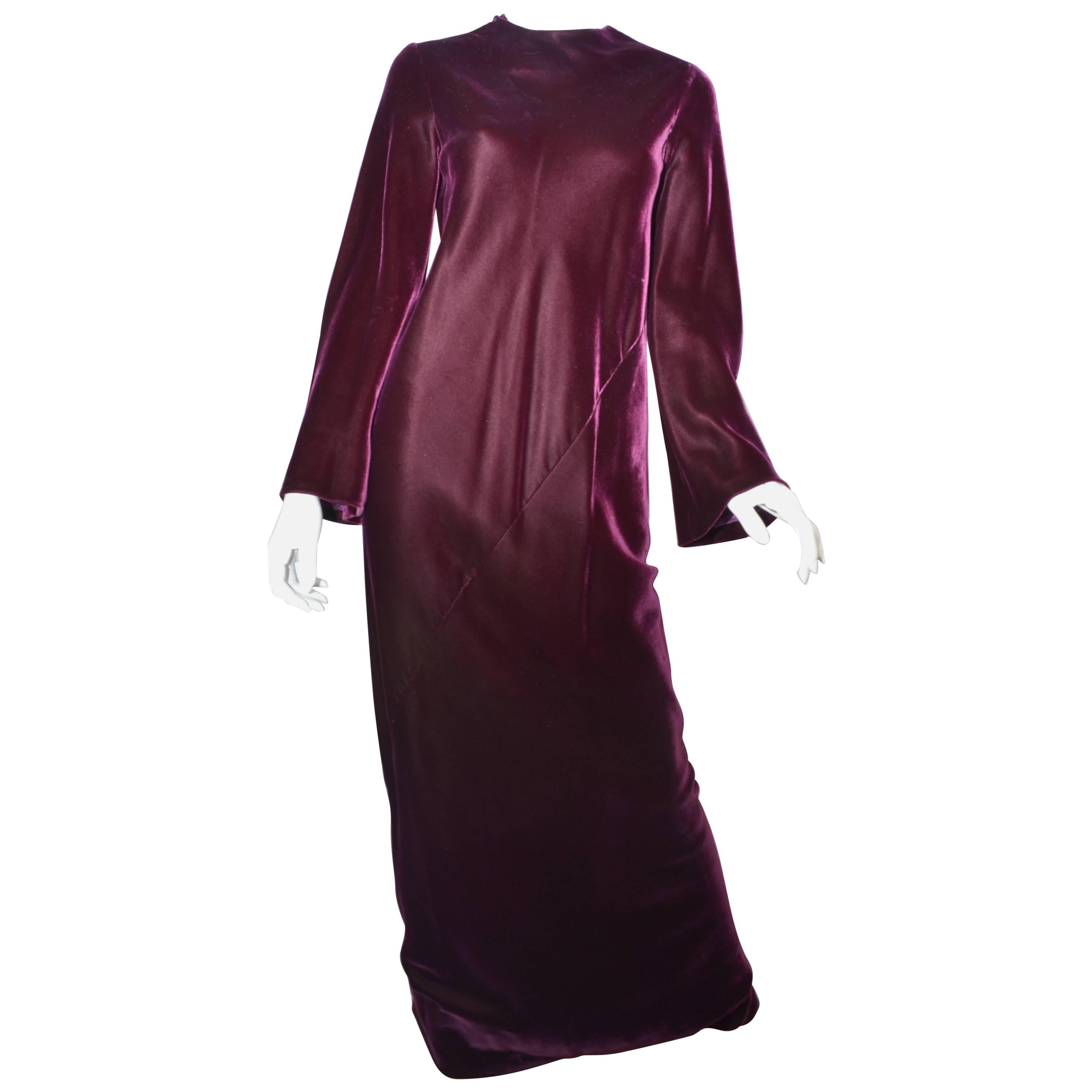 1970s Halston Burgundy Velvet Gown