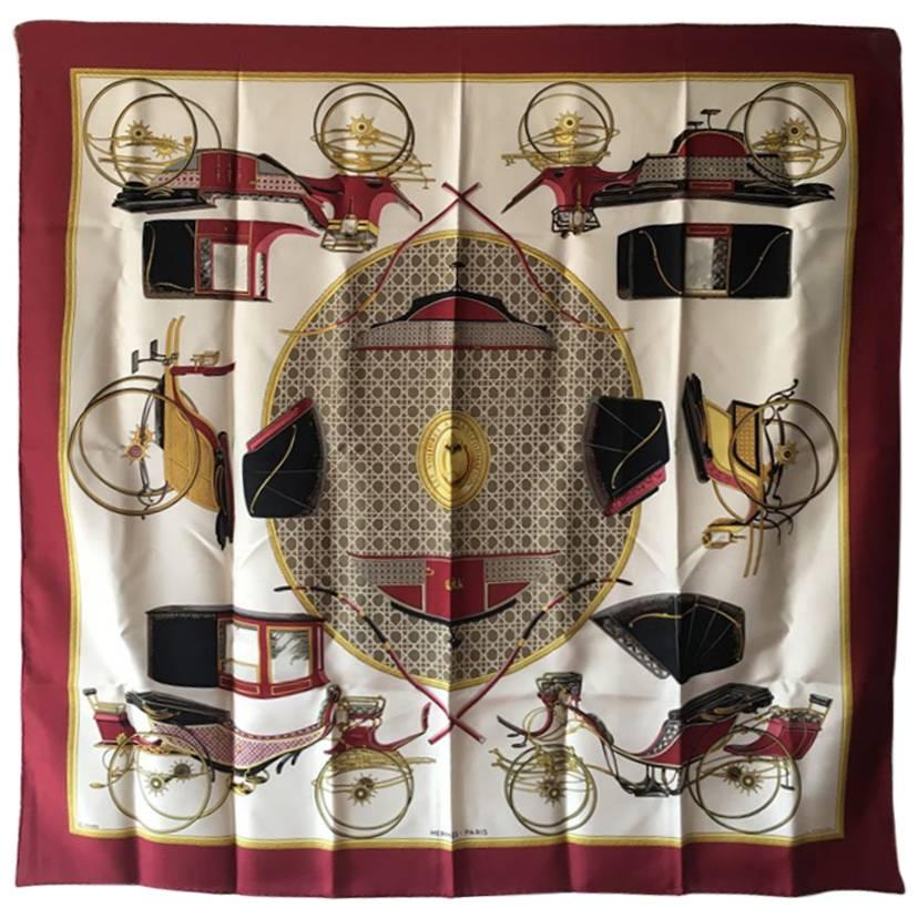 Hermes Vintage Les Voitures a Transformation Silk Scarf in Red c1960s