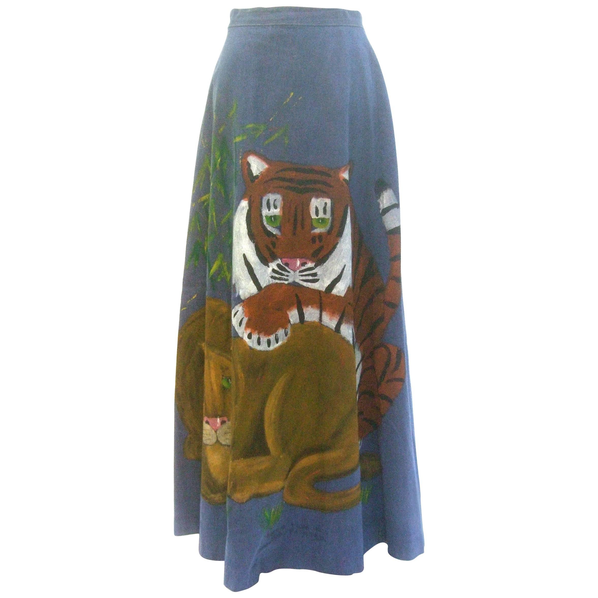 Incredible Hand Painted Big Cat Denim Maxi Skirt by Mimosa Tree. 1970's.