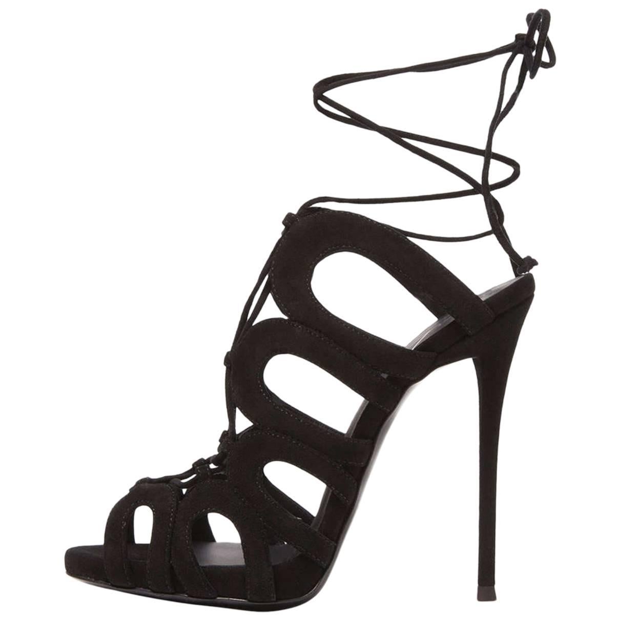 Giuseppe Zanotti New Black Suede Cut Out Ankle Tie Evening Sandals Heels in Box