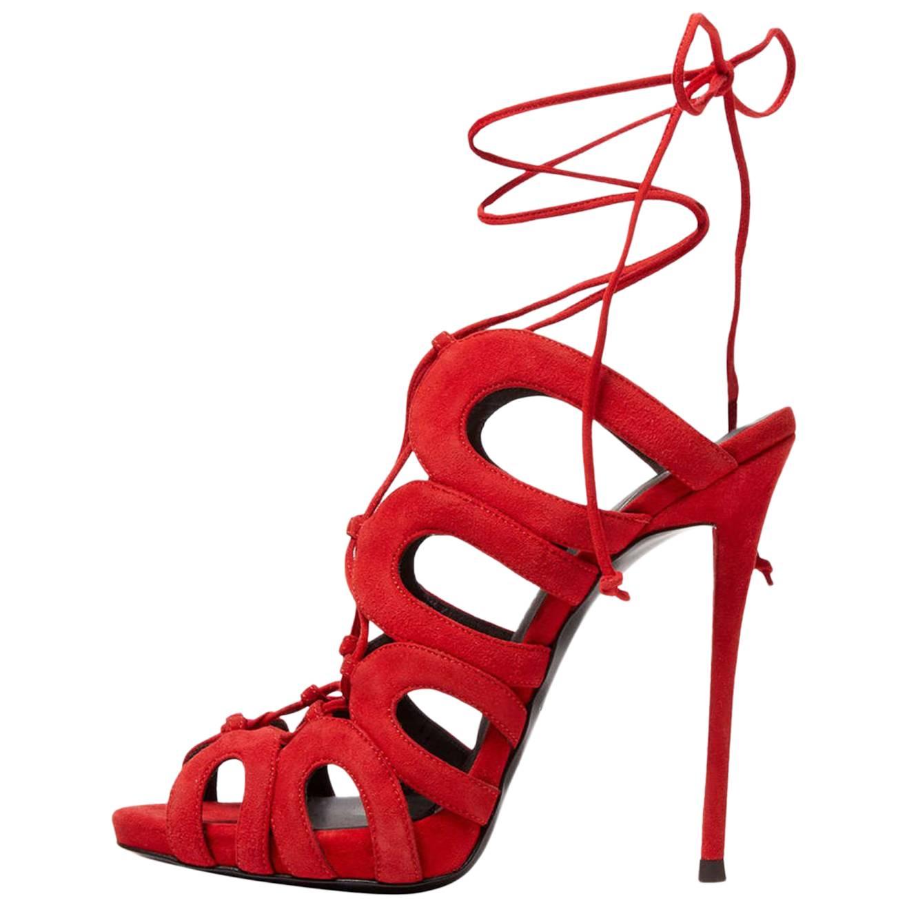 Giuseppe Zanotti New Red Suede Cut Out Ankle Tie Evening Sandals Heels in Boxp