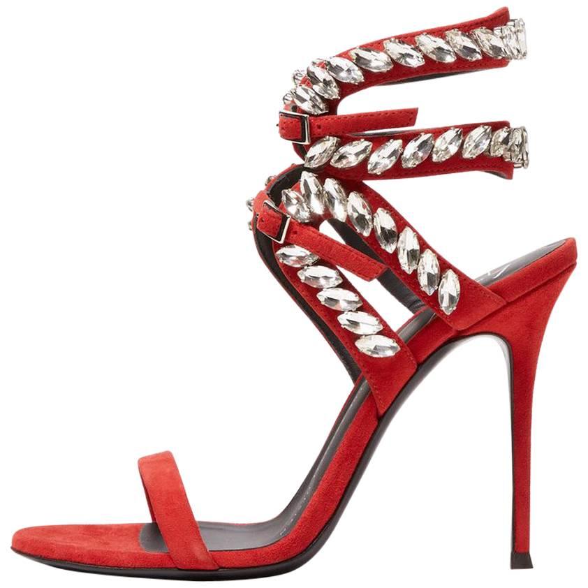 Giuseppe Zanotti New Sold Out Red Suede Crystal Evening Sandals Heels in Box