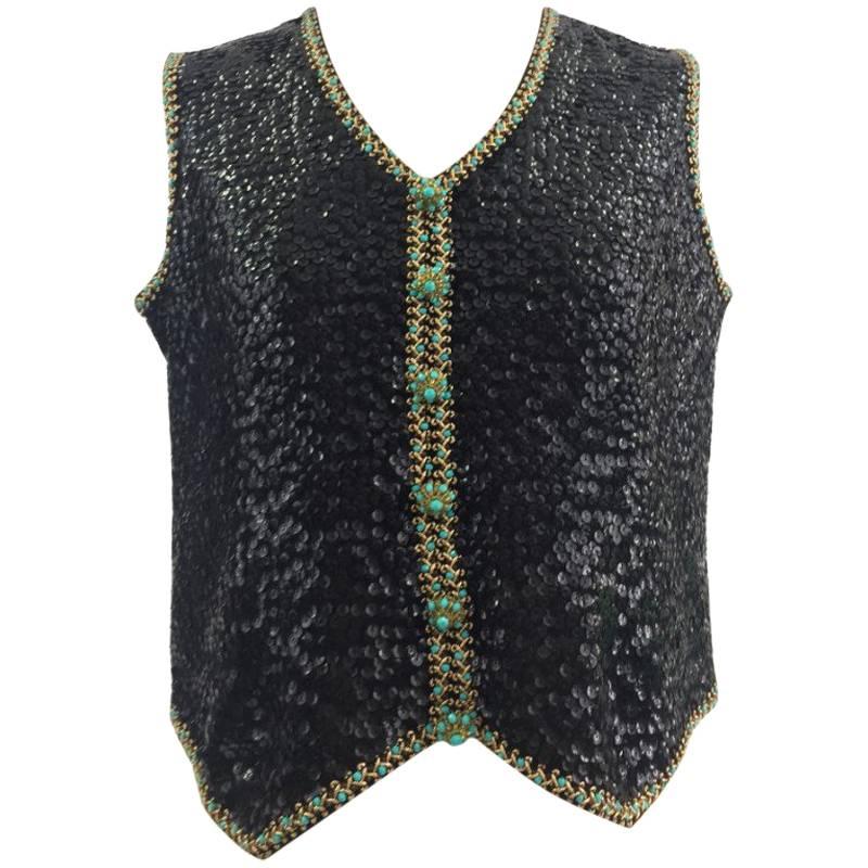 1960s Lovely – Made in Hong Kong black sequinned Trompe L’Oeil  Tank Top For Sale