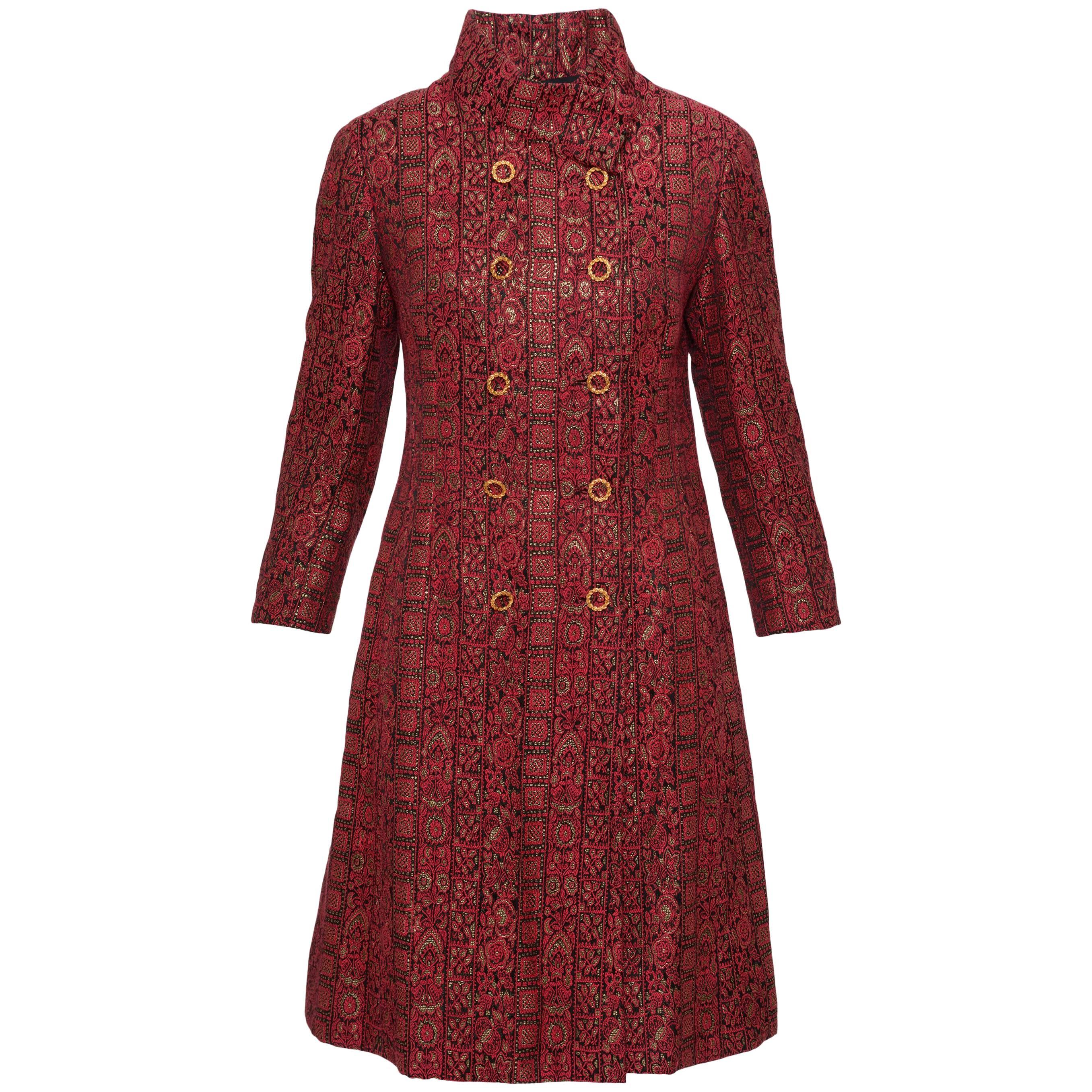 Vintage 1960s Red Black and Gold Brocade Arabesque Print Coat For Sale