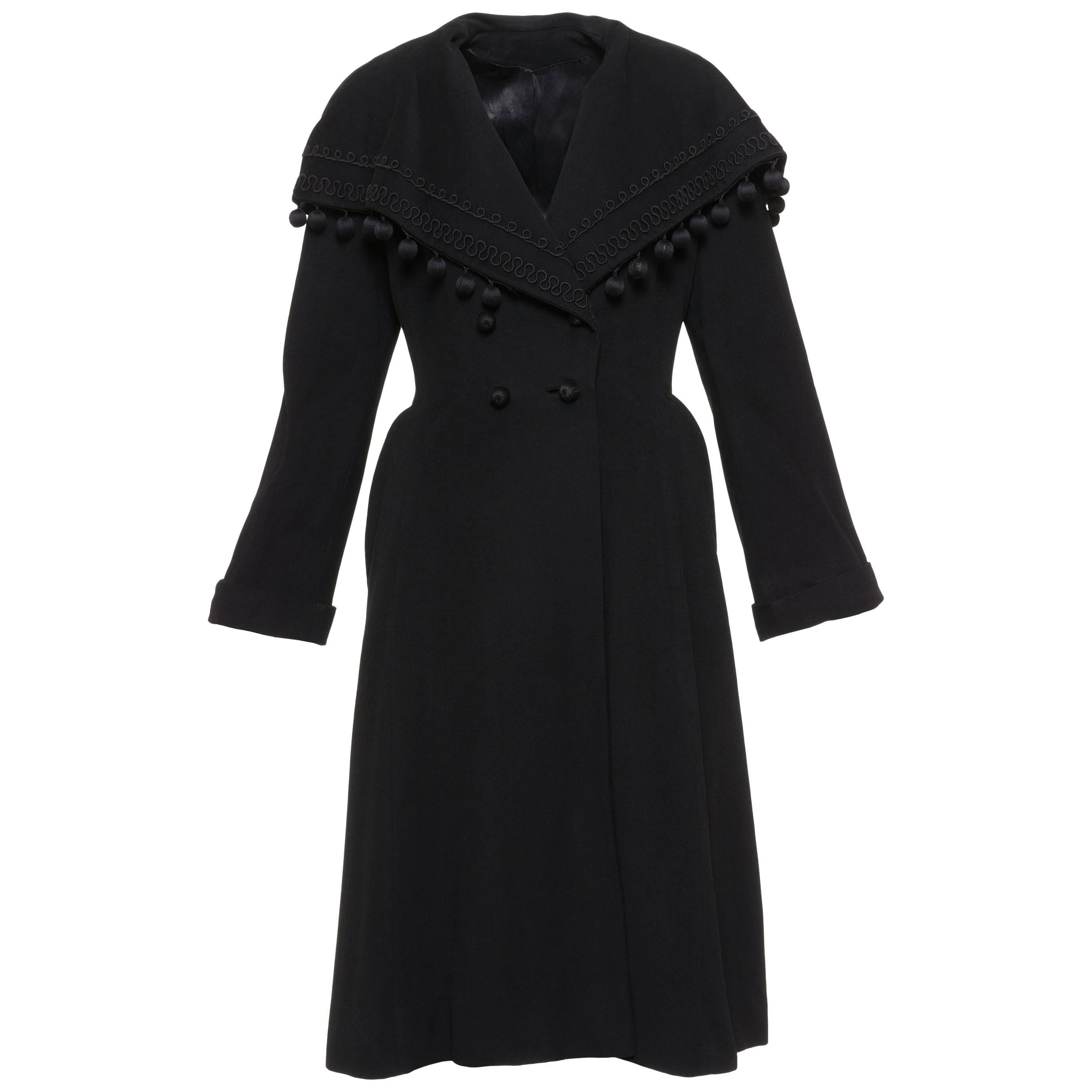 Vintage 1940s Black Wool New Look Princess Coat For Sale