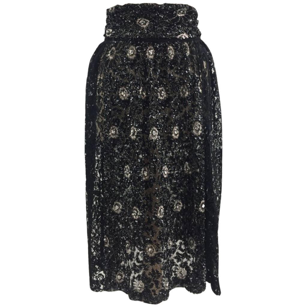 Rare 1980s Maria di Sant’Elena – Firenze, Black Lace and Sequined Gathered Skirt For Sale