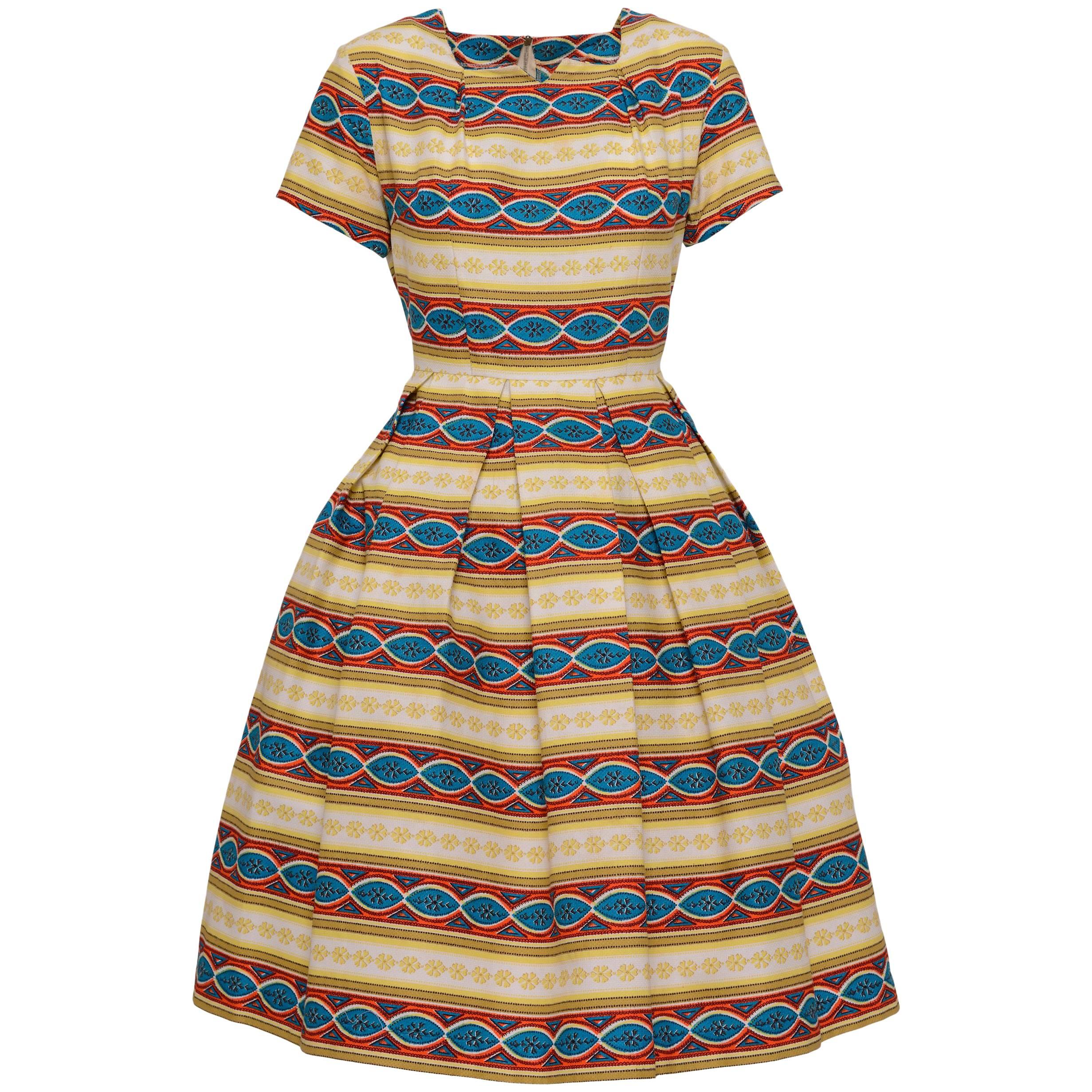 1950s Italian Couture Tapestry Print Cotton Dress For Sale