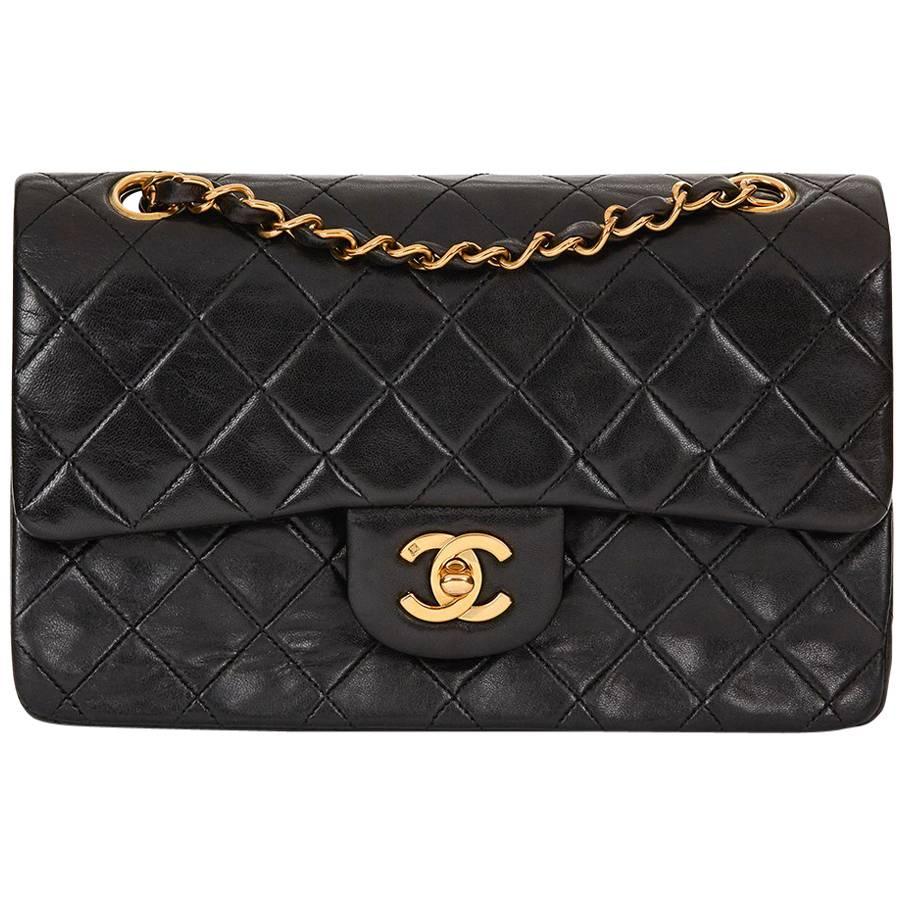 1990s Chanel Black Quilted Lambskin Vintage Small Classic Double Flap Bag